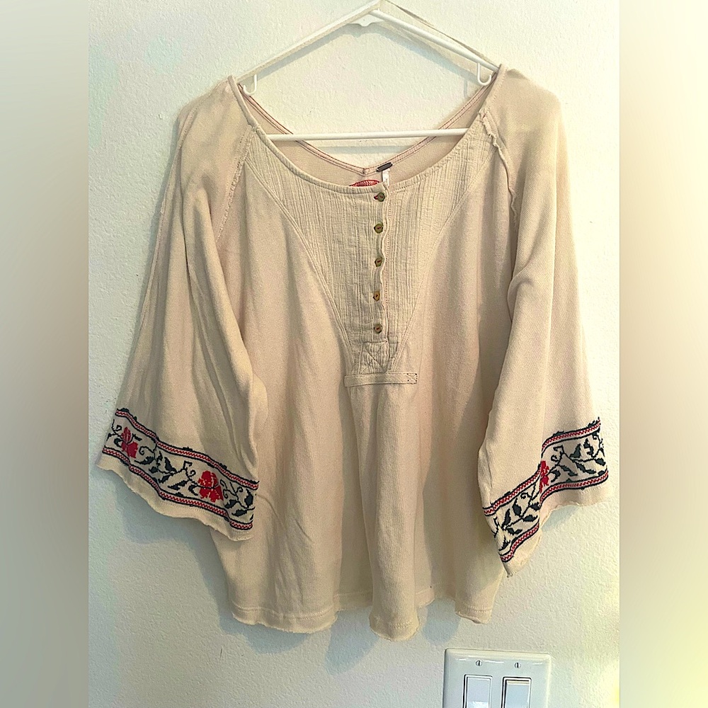 Free People Cream Embroidered Bell Sleeve Blouse
